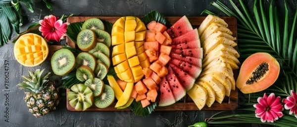 Fototapeta A flat lay of a tropical fruit platter arranged on a wooden cutting board, including sliced watermelon, pineapple, mango, and kiwi, surrounded by palm leaves and exotic flowers