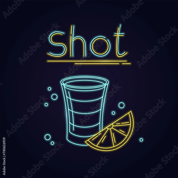 Fototapeta Outline neon alcoholic shot layers in a glass isolated on black background.