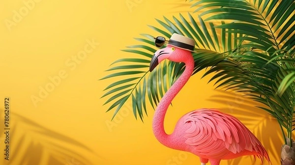 Fototapeta Pink flamingo with sunglasses and hat under palm leaf on yellow summer background 3D Rendering. copy space for text.