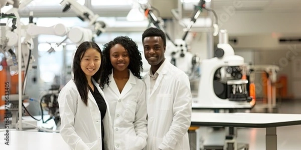 Fototapeta International group of scientists - African-American and Asian woman and man together in modern high-tech laboratory, smiling colleagues at work in lab with equipment, AI generated