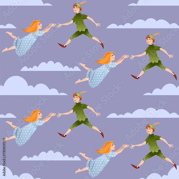 Fototapeta Lovely boy in green costume аnd girl in nightgown flying in the clouds in the sky. Seamless background pattern