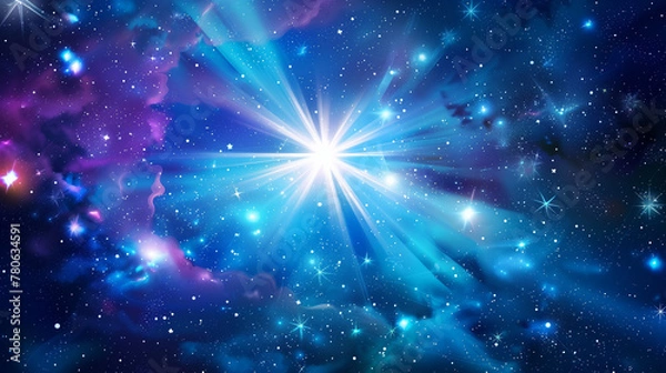 Fototapeta There was a bright star in the middle of the blue sky. The sky is full of stars and clouds Create surprise and awe. Bright stars stand out against the dark background.