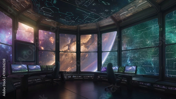 Fototapeta A futuristic star observatory with multiple large screens showing images of distant galaxies and nebula
