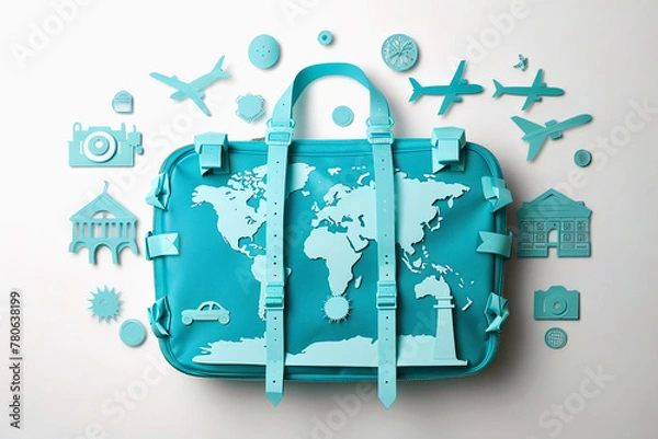 Obraz A paper cut out of landmarks around world. Travel day tourism background