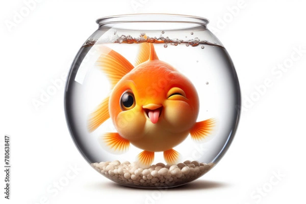 Fototapeta goldfish in a round aquarium winking and sticking out tongue isolated on white background