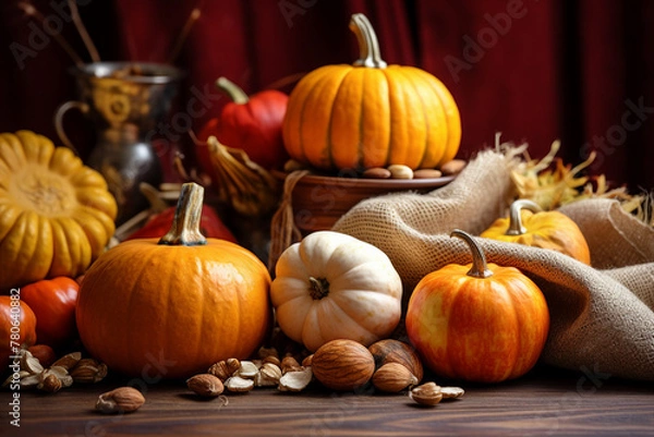 Fototapeta A top view of a wooden cutting board covered with a variety of fresh and colorful fruits vegetables cheese bread and meats generative AI