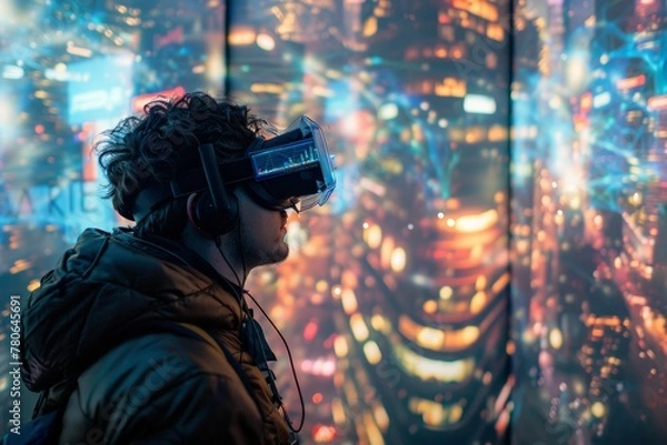 Fototapeta Virtual reality experiences hosted by streamers, simulating the impact of PM 2.5 on the city. Individual in VR gear stands against cityscape, vibrant reflections of urban night life in digital realm,