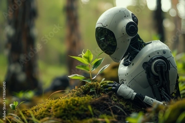 Fototapeta Futuristic AI interfaces interwoven with sustainable technology, Robotic figure crouched in the forest, examining a plant, illustrating the intersection of robotics and environmentalism.