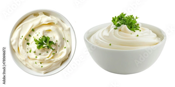 Obraz Bowl with white mayonnaise dip, side and top view, food bundle, isolated on a transparent background