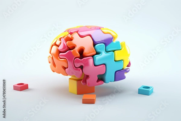 Fototapeta Colorful puzzle in brain shape describing the mind of an autistic person, in white background. Generative AI