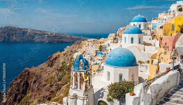 Fototapeta Discover the beauty of Santorini's streets with this close-up photo, highlighting the vibrant colors and unique architecture
