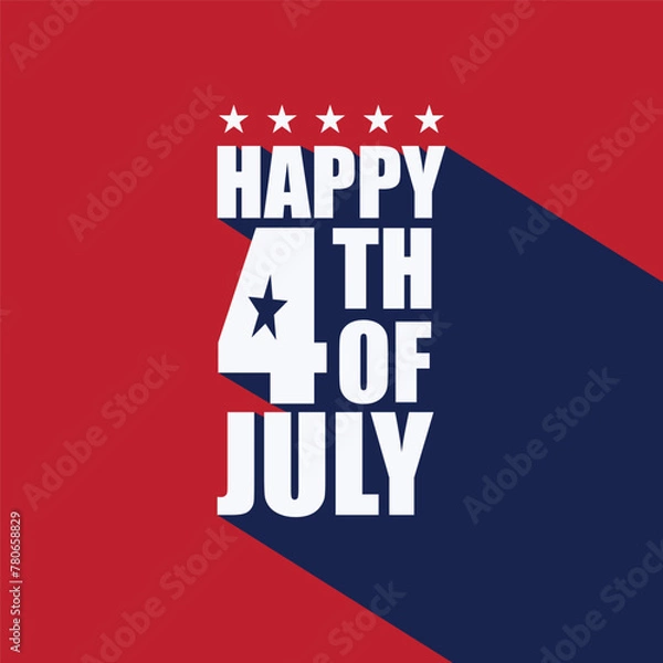 Fototapeta Happy 4th of July poster design with a long shadow on red background. Fourth of July - American Independence Day Remember and honor banner design. USA Memorial holiday banner, poster, greeting card.