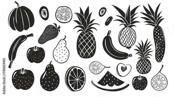 Obraz Tropical fruits  set black on white background, flat illustration style, Generative AI