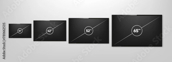 Fototapeta TV Screen Sizes. Smart TV icon collection. Diagonal screen size in 32, 42, 52 and 65 inches. Computer monitor. Vector illustration.