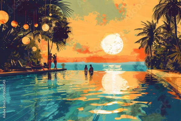 Fototapeta Illustration of beach party near pool on golden hour. Risograph style.