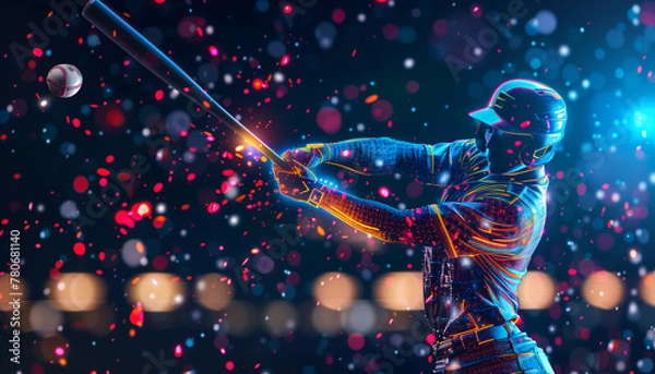 Fototapeta Digital rendering of baseball player in neon-lit stadium, swinging bat at glowing ball amidst colorful particles. Captures dynamic energy of futuristic sports. Perfect for high-tech sports concepts.