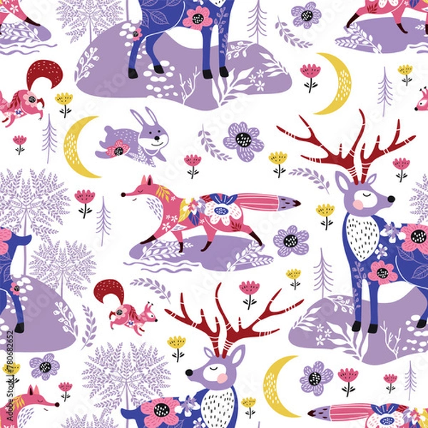 Obraz Seamless pattern with forest animals. Fox, squirrel and deer. Floristic background.