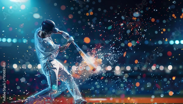 Fototapeta Digital illustration of a baseball player's dynamic swing in a neon-lit stadium. Vibrant energy and dazzling lights capture the excitement of the game.