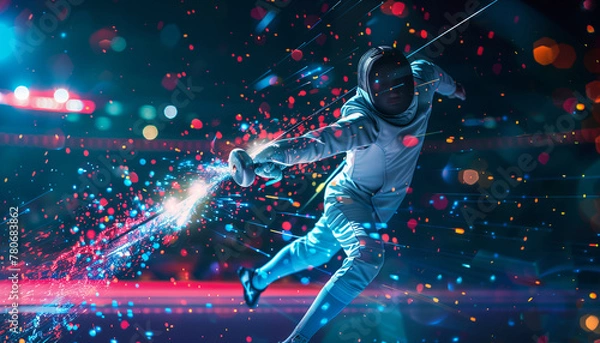 Fototapeta A captivating digital illustration of a fencer in action, surrounded by vibrant lights. The fencer, dressed in protective gear, lunges forward with a foil, creating dynamic motion trails.