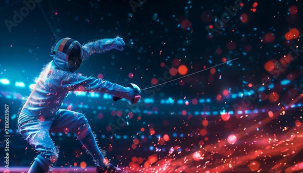 Fototapeta A captivating digital illustration of a fencer in action, surrounded by vibrant lights. The fencer, dressed in protective gear, lunges forward with a foil, creating dynamic motion trails.