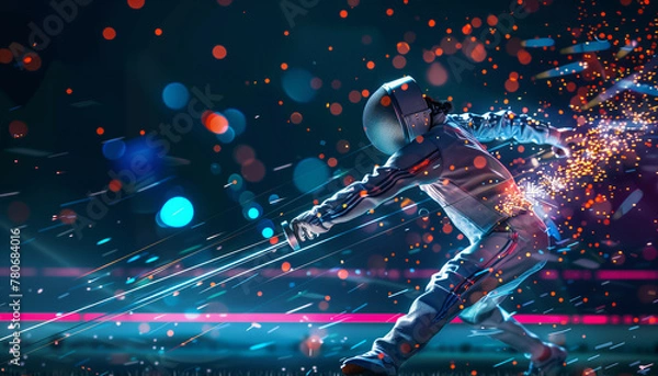 Fototapeta A captivating digital illustration of a fencer in action, surrounded by vibrant lights. The fencer, dressed in protective gear, lunges forward with a foil, creating dynamic motion trails.