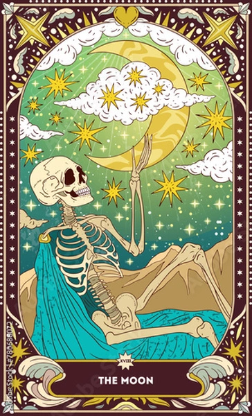 Fototapeta A tarot card in bohemian tones in a modern style in the form of a skeleton. Modern illustration of The Moon card, minimalistic cartoon skeleton, simple vector drawing