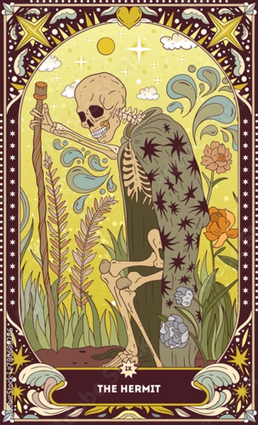 Fototapeta A tarot card in bohemian tones in a modern style in the form of a skeleton. Modern illustration of The Hermit card, minimalistic cartoon skeleton, simple vector drawing