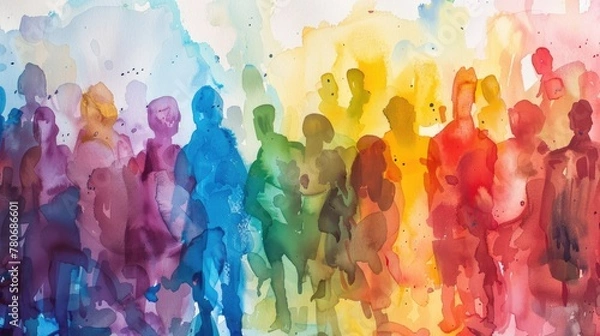 Fototapeta Abstract art watercolor painting showing a diverse group of people coming together.