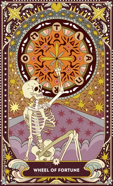 Obraz A tarot card in bohemian tones in a modern style in the form of a skeleton. Modern illustration of The Wheel of Fortune card, minimalistic cartoon skeleton, simple vector drawing