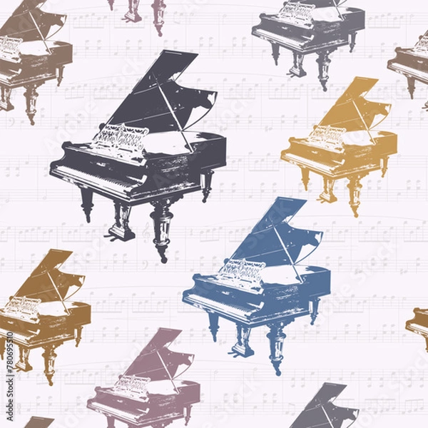 Fototapeta Grand Piano and musical notes. Seamless pattern. Abstract vector background with a musical theme for textiles, interiors, cotton fabric, wrapping paper