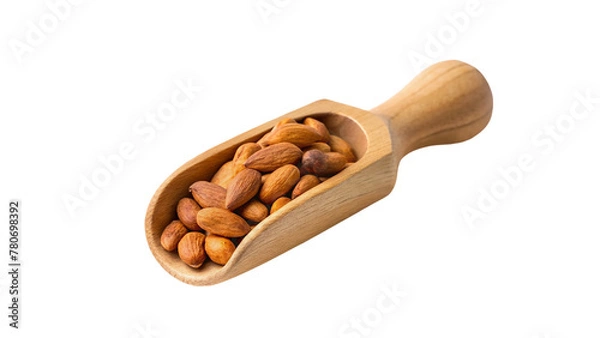 Fototapeta Almonds in a wooden scoop isolated on transparent background