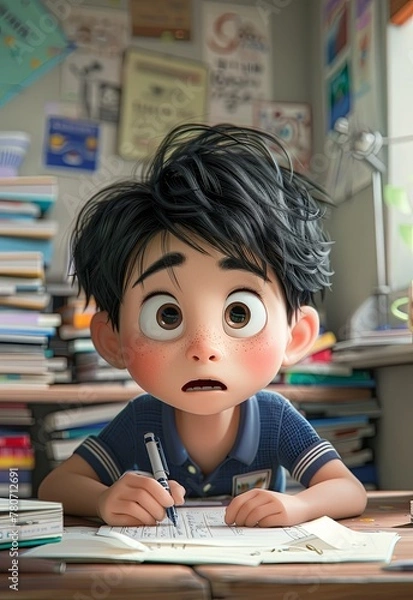 Fototapeta A cartoon boy is sitting at a desk with a pen and paper. He is writing something and he is in a serious or focused mood