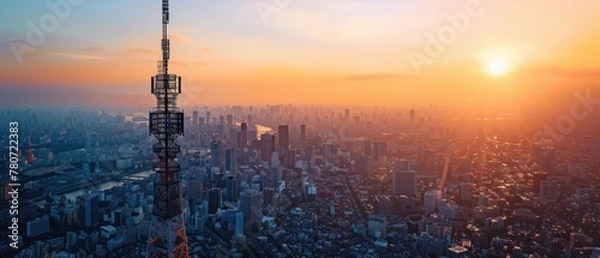 Fototapeta 5G tower over city at sunrise, warm colors, birdseye view, highres photo , professional color grading