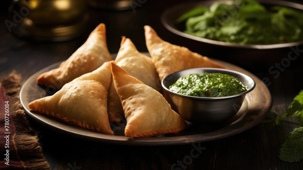 Obraz Crispy samosas accompanied by green chutney on a rustic plate, set against a dark, moody background.