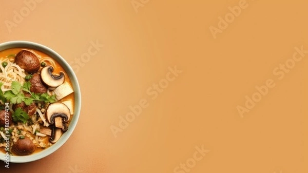 Obraz Bowl of noodle soup with mushrooms and herbs on an orange background.