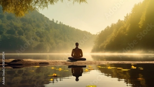 Obraz Person meditating by a serene lake at sunrise, with reflection and yellow leaves.
