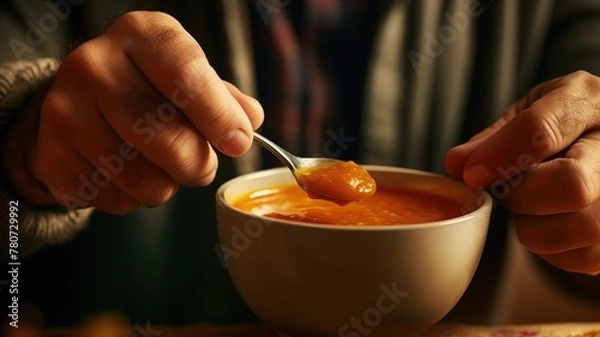 Obraz Close-up of a person's hands holding a spoon and bowl of tomato soup.