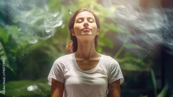 Obraz A woman practicing deep breathing in a lush green environment, serene.