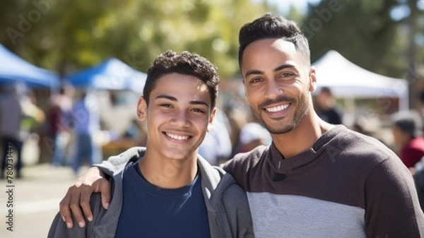 Obraz A smiling young man with his arm around a younger boy, both happy and outdoors.