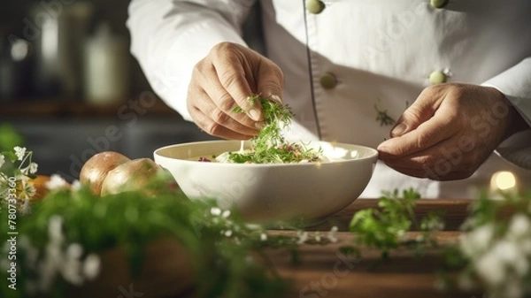 Obraz Chef garnishing a bowl of food with herbs in a kitchen setting.