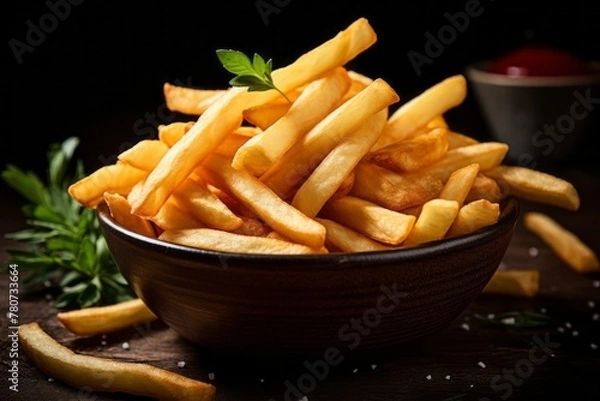 Obraz Tempting french fries in a clay dish against a dark background