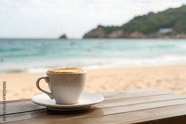 Fototapeta Cup of coffee on table with beach background