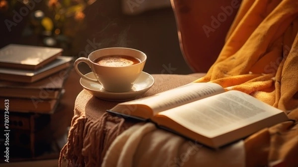 Obraz Cozy reading corner with a hot cup of coffee and books.