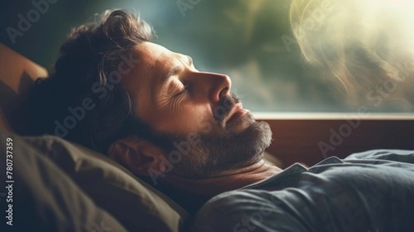 Obraz Man asleep in bed with sun streaming through the window.