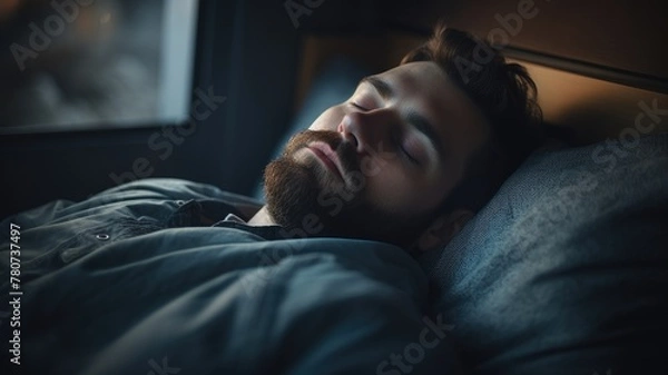 Obraz Bearded man sleeping peacefully in a dark room.