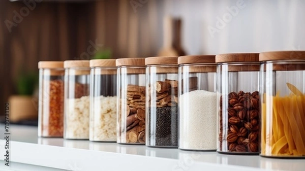 Obraz Glass jars with various dry foods lined up on a modern kitchen shelf.