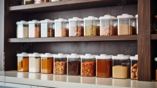Obraz Well-organized pantry shelves with clear containers of dry goods.
