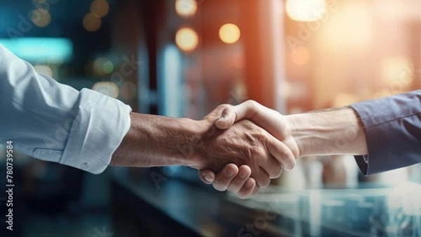 Obraz Handshake between two people in a professional setting, symbolizing agreement or greeting.