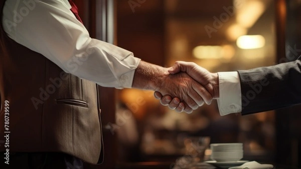 Obraz Two professionals in formal attire shaking hands firmly in a warmly lit space.