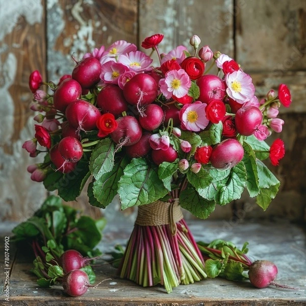 Fototapeta Charming Bouquet of Red Radishes with Pink Flowers on Rustic Wooden Surface